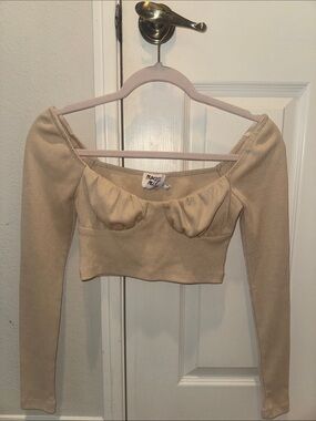 Princess Polly Beige Ribbed Long Sleeve Cropped Bustier Top